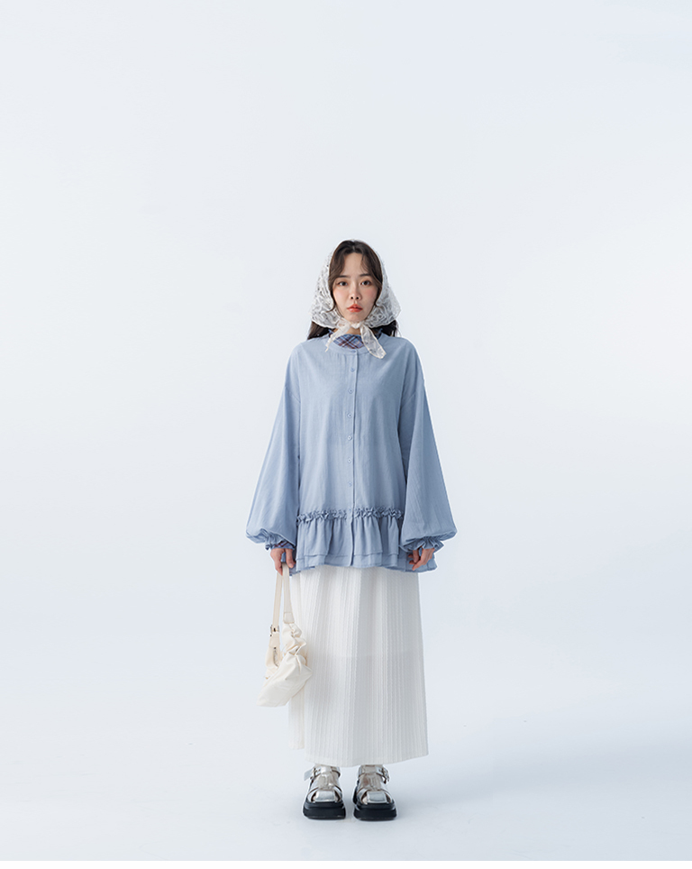 Ruffled hem, Zhongshan collar, jacquard shirt, available in two colors.【01025656】in stock+pre-order