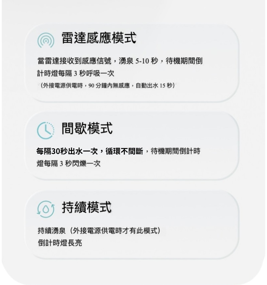 TAILNTAIL 淨污分離湧泉殺菌式飲水機提供雷達感應、30秒間歇與持續湧泉三大出水模式，靈活適應各種寵物飲水習慣與家庭使用場景。