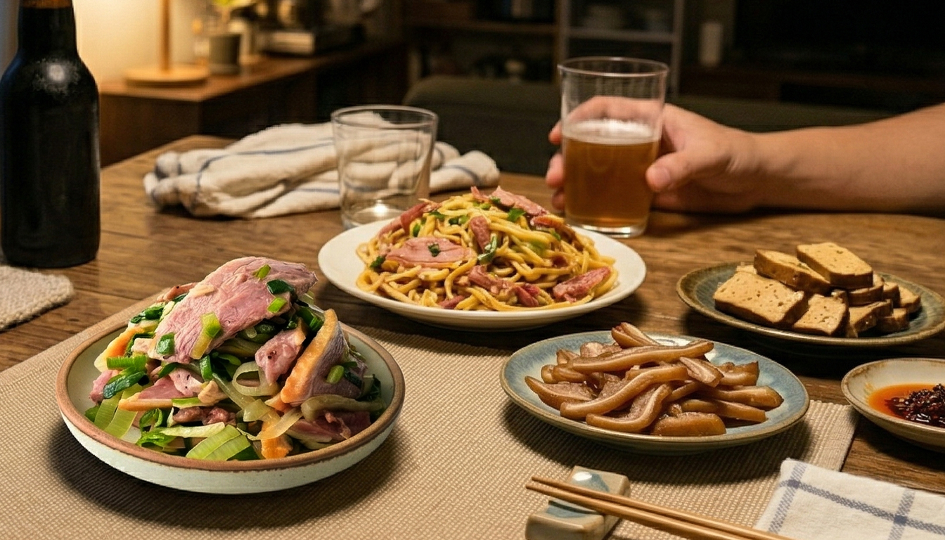 協發行開燻蒜苗鴨炒麵料理呈現與蒜苗特寫-週三居家深夜居酒屋食譜建議-2026網購美食評價