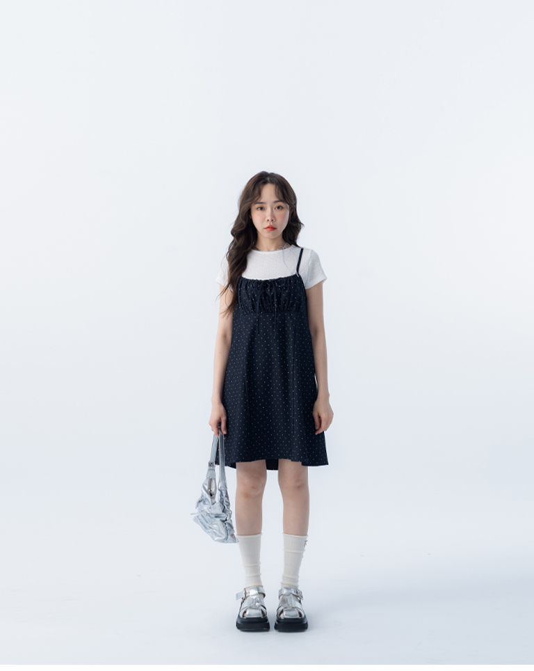 Polka dot tie-up ruched spaghetti strap short dress S/M【01087253】in stock+pre-order