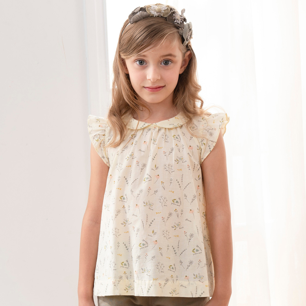 PIPPY 簡約花鳥印花棉麻小圓領短袖上衣 黃