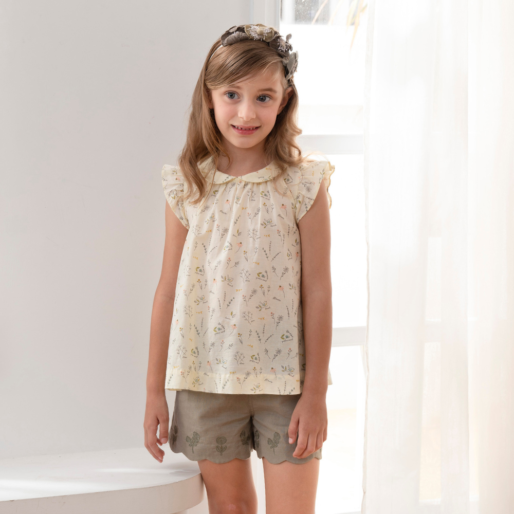 PIPPY 簡約花鳥印花棉麻小圓領短袖上衣 黃