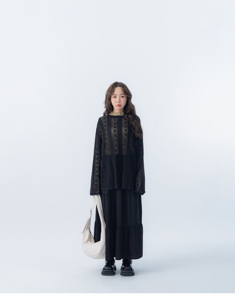 Lace jacquard sheer long-sleeved top, available in two colors【01099450】in stock+pre-order