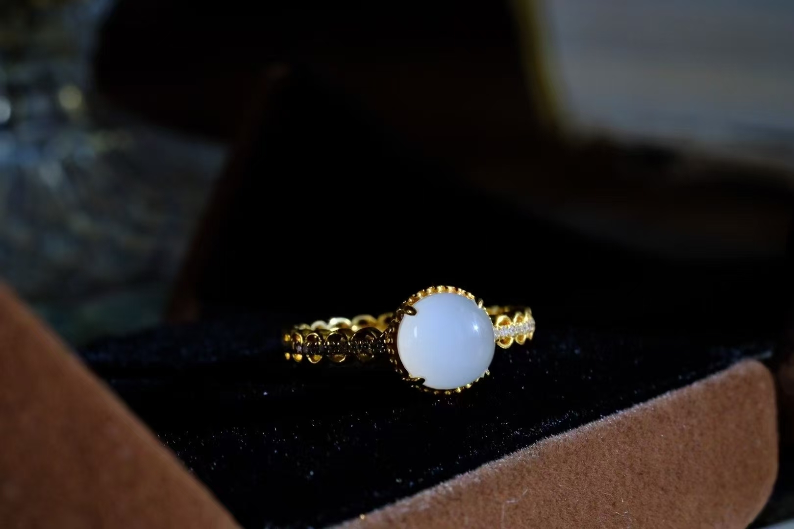 和田玉白玉貓眼18K金戒指 (圈口 13號),天然和田玉軟玉