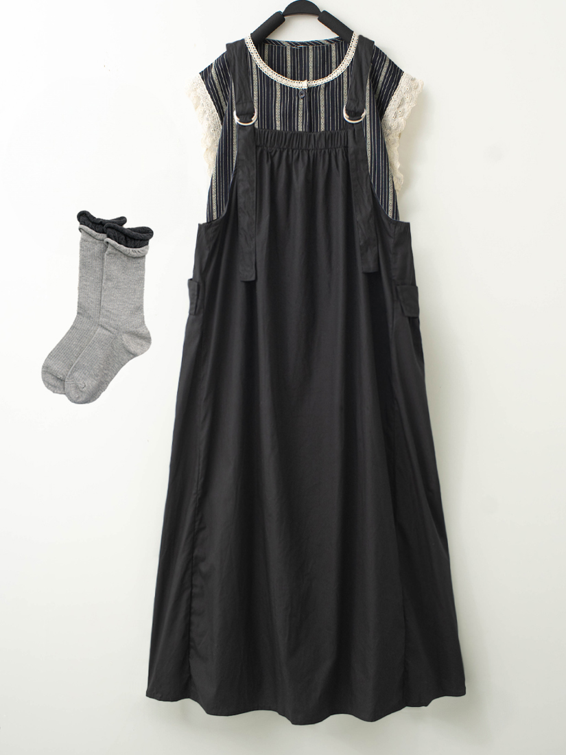 口袋抓皺吊帶洋裝復古條紋棉蕾絲背心組合