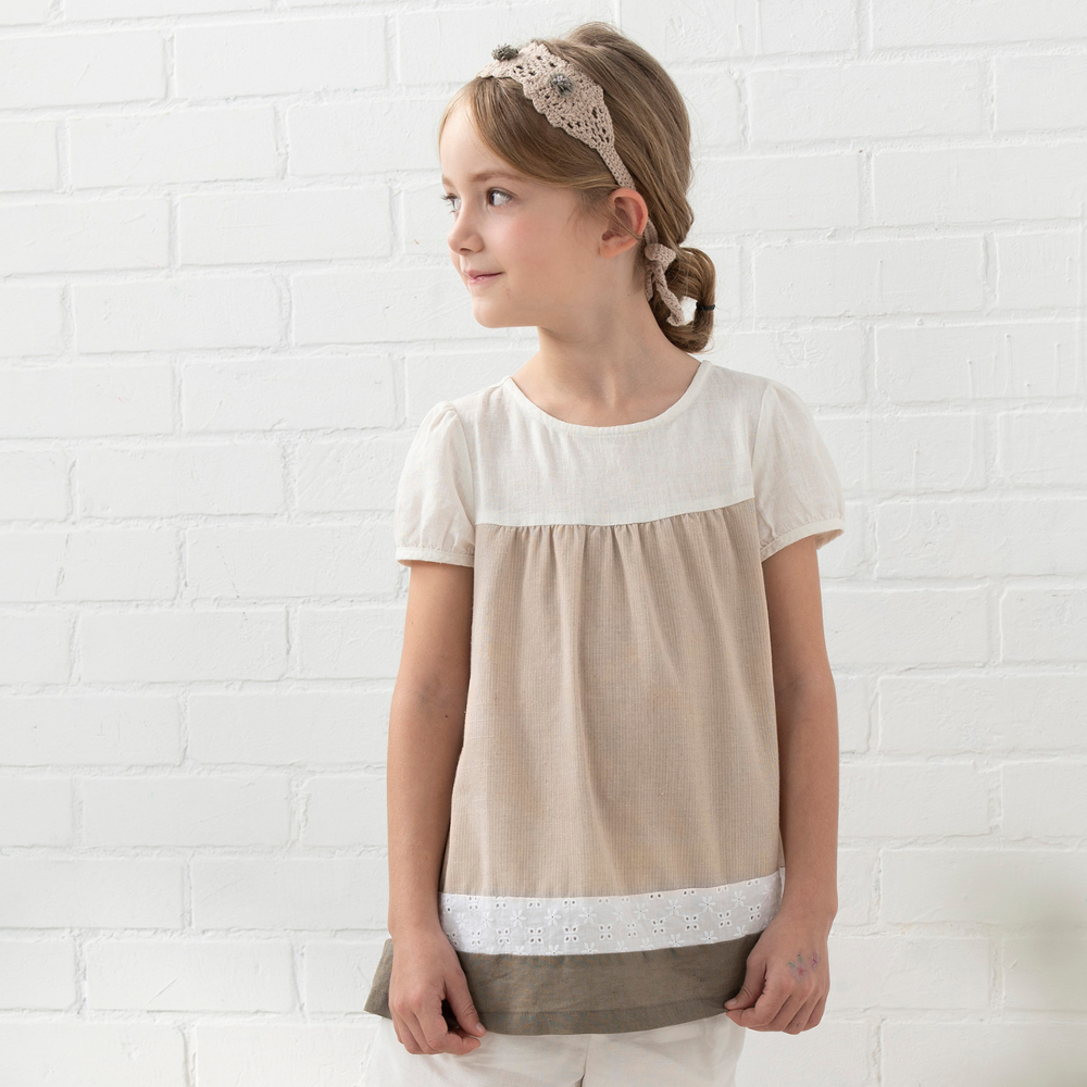 PIPPY森林系飄逸拼接圓領上衣 卡其