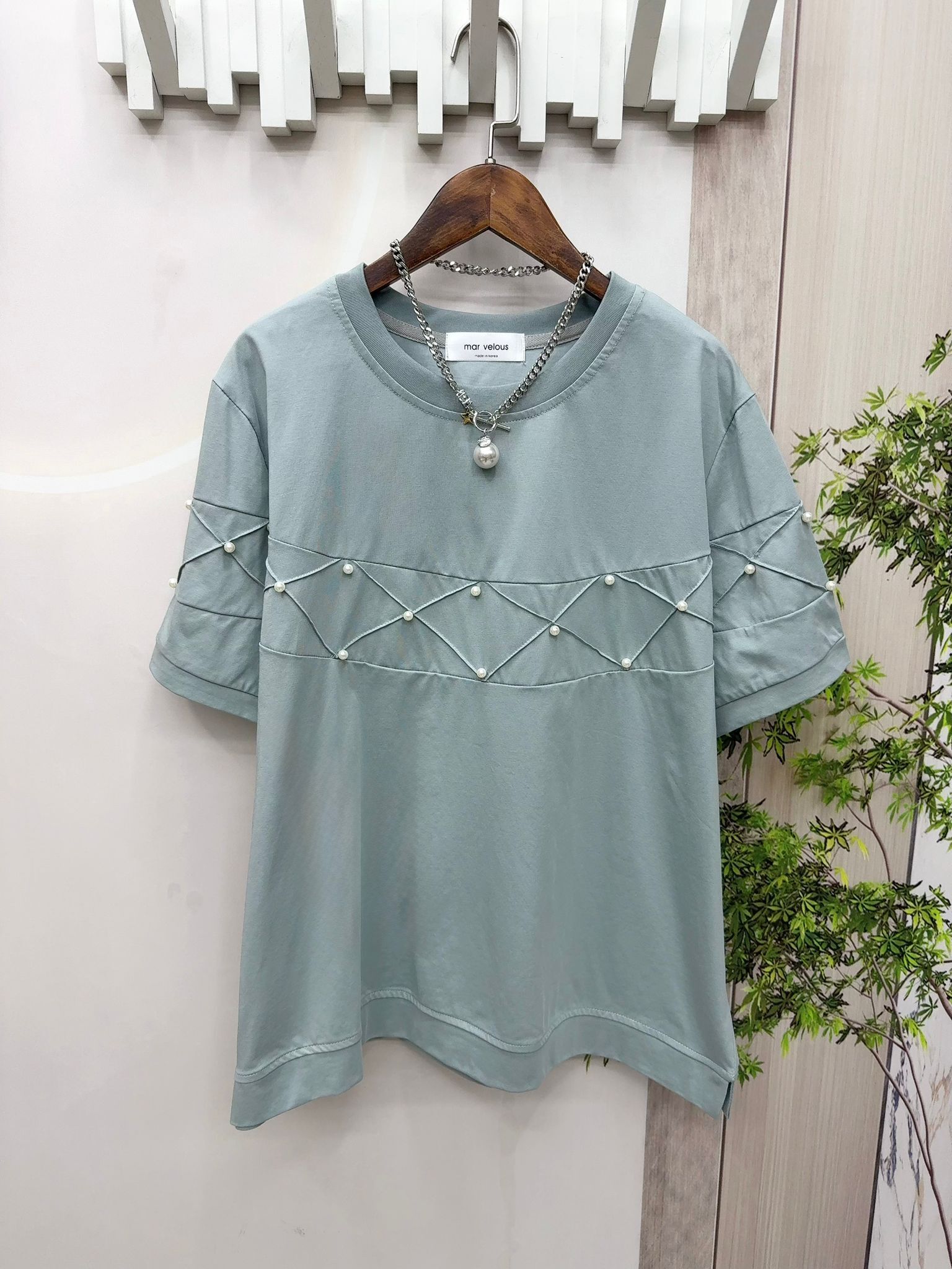 Mar 滑料拼珍珠top~152A