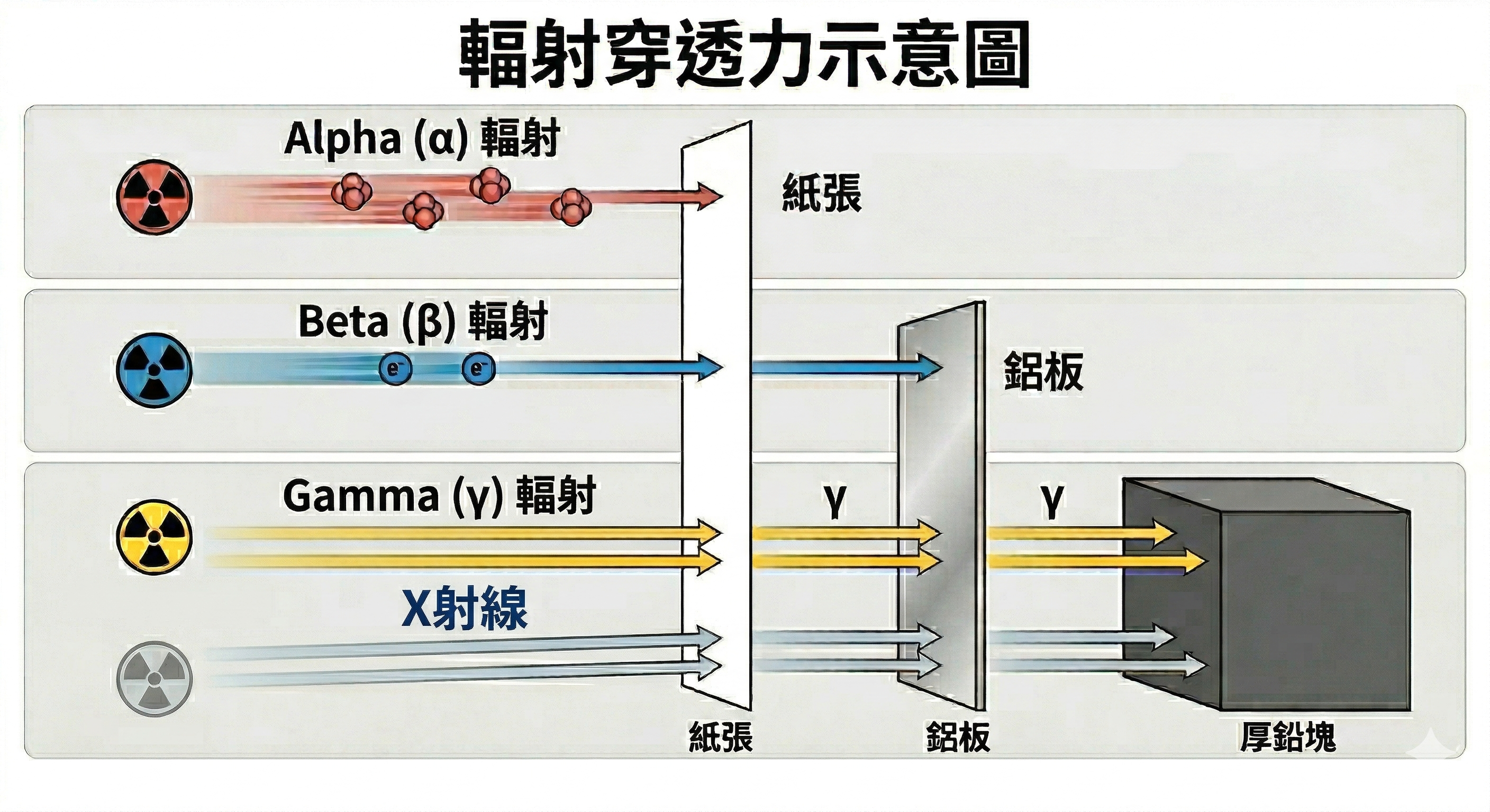 四大游離輻射：α、β、γ、X射線