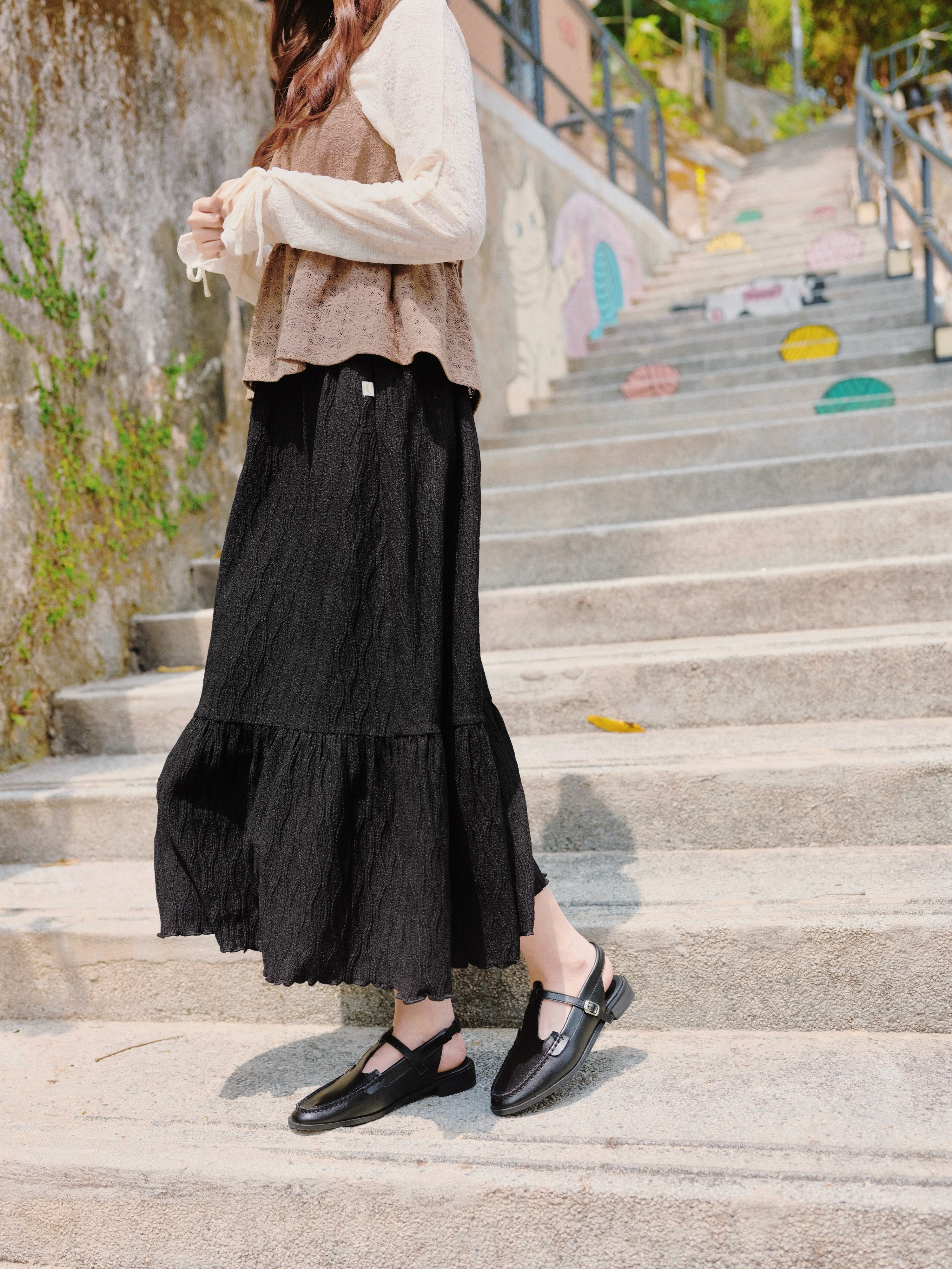 兩色 / 雲感扭紋蛋糕半身長裙 / Cloud-Soft Textured Twist Tiered Skirt