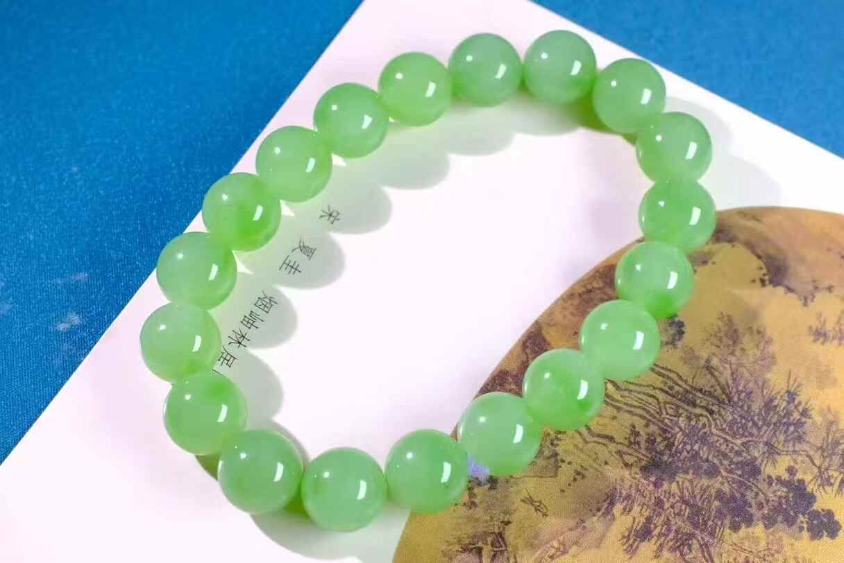 和田玉碧玉蘋果綠圓珠手串 (10mm直徑),天然和田玉軟玉