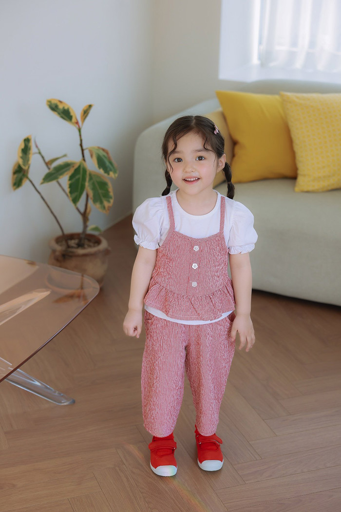 正韓夏JAZZ 兩色格子小花扣假兩件套裝