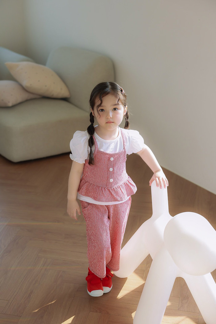 正韓夏JAZZ 兩色格子小花扣假兩件套裝