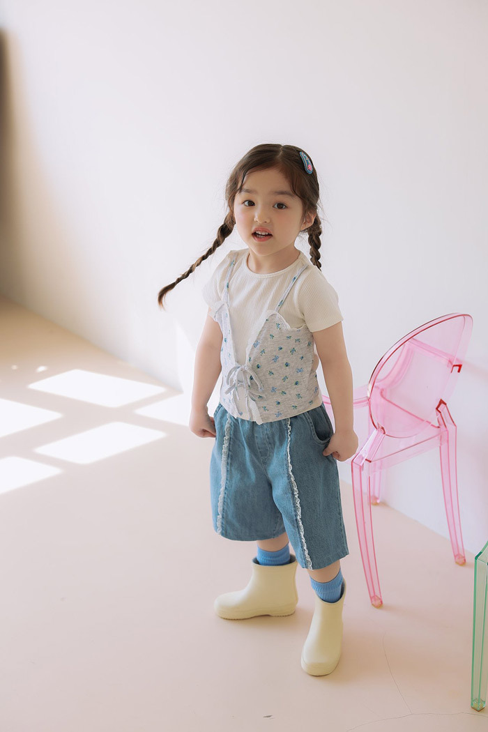 正韓夏JAZZ 奶油蕾絲牛仔七分褲