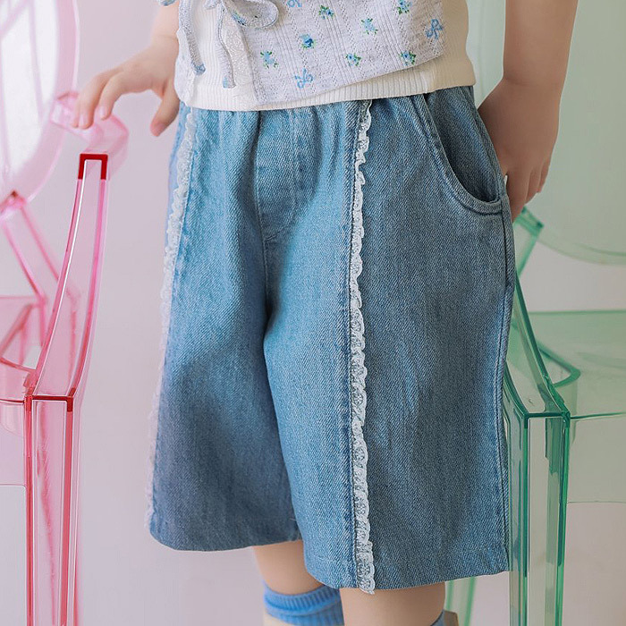 正韓夏JAZZ 奶油蕾絲牛仔七分褲