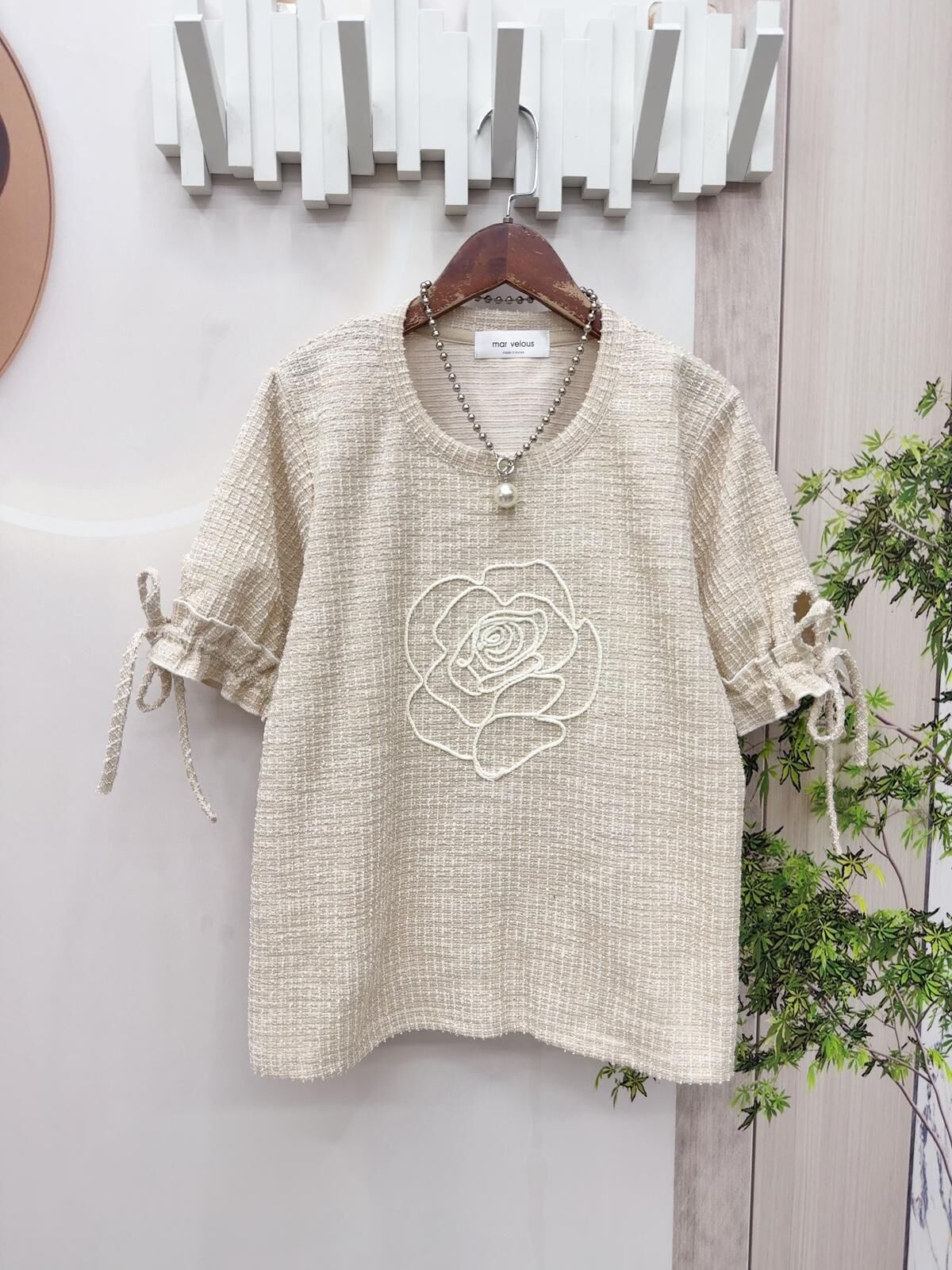 Mar 花圖案拼小香風料top~152X