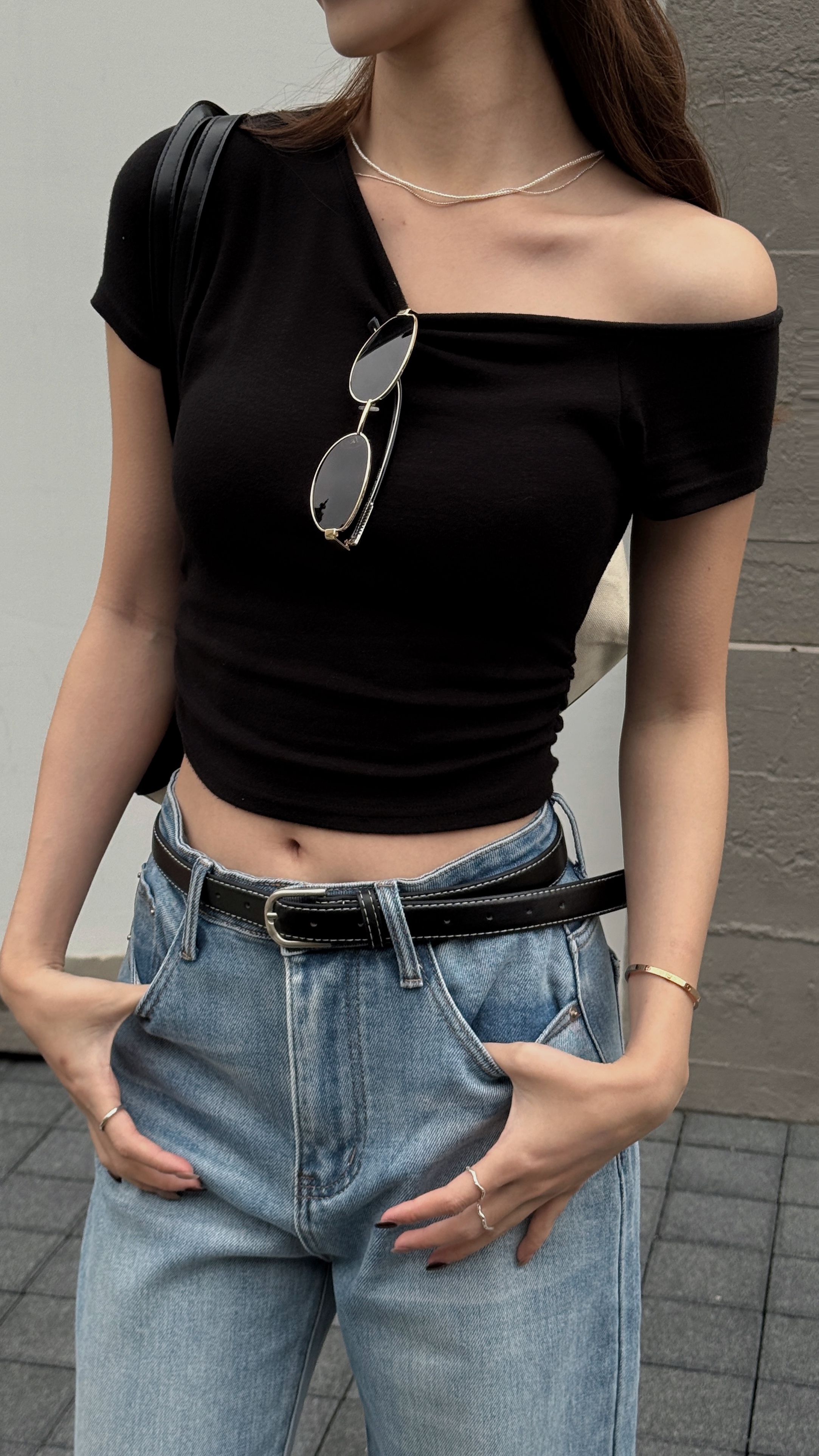 包色預備備-斜肩抓皺上衣附可拆bra（ 3 colors )