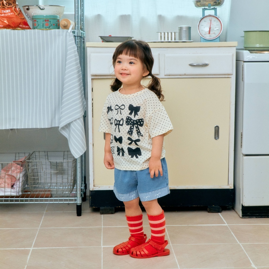 韓國🇰🇷1stblue 刺繡蝴蝶結牛仔短褲(5-15)