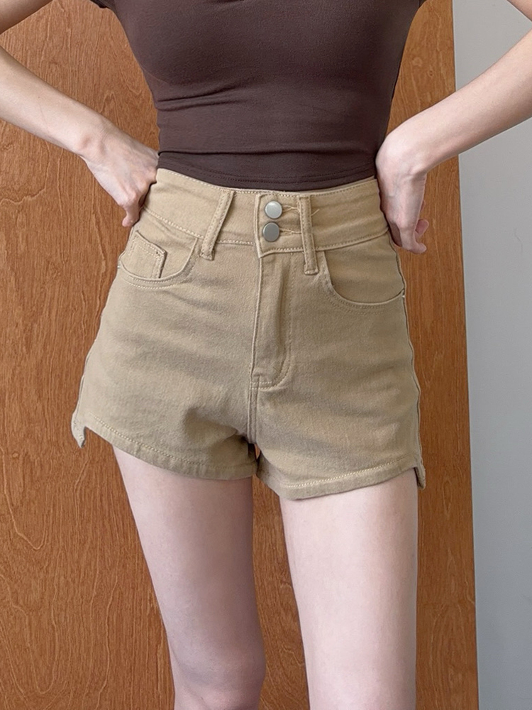 百搭大地色 ! 下弧形雙扣高腰短褲（3色，S-XL)