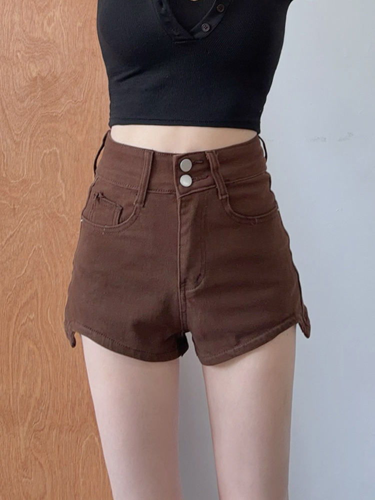 百搭大地色 ! 下弧形雙扣高腰短褲（3色，S-XL)