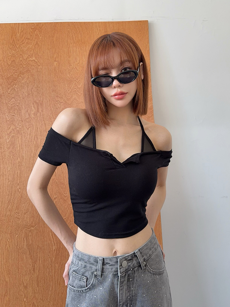 BB美式微辣！網紗繞脖一字領bra T (4色，有胸墊)