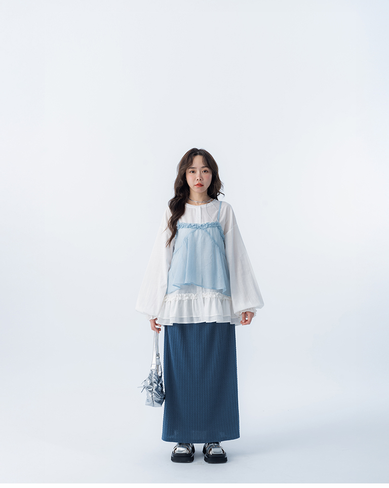 Ruffled V-neck pleated mesh vest - blue【01099644】in stock+pre-order