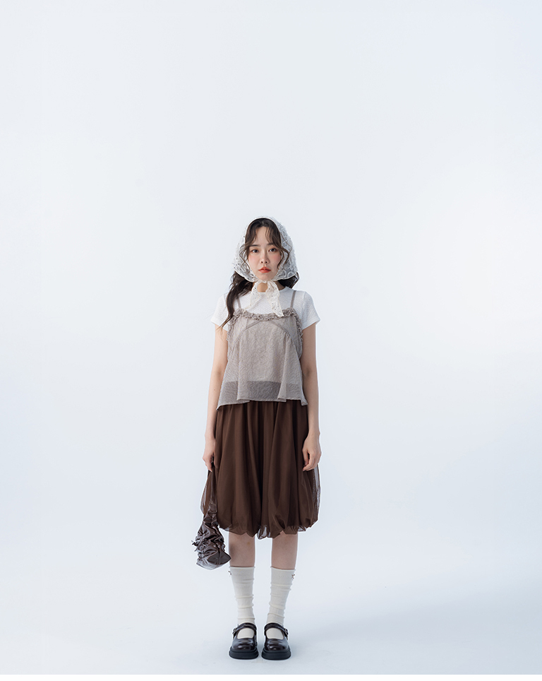 Ruffled V-neck pleated mesh vest - coffee【01099645】in stock+pre-order