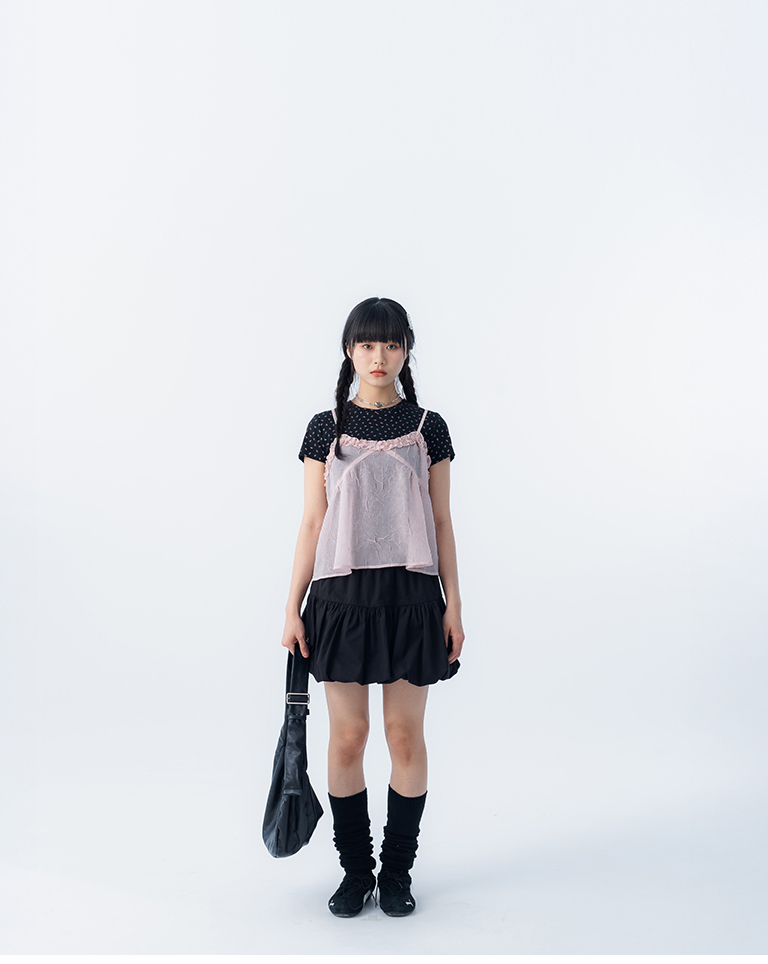 Ruffled V-neck pleated mesh vest - pink【01099646】in stock+pre-order