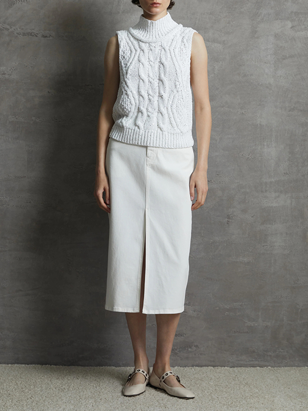 LORENA  純白丹寧開叉鉛筆裙(白)