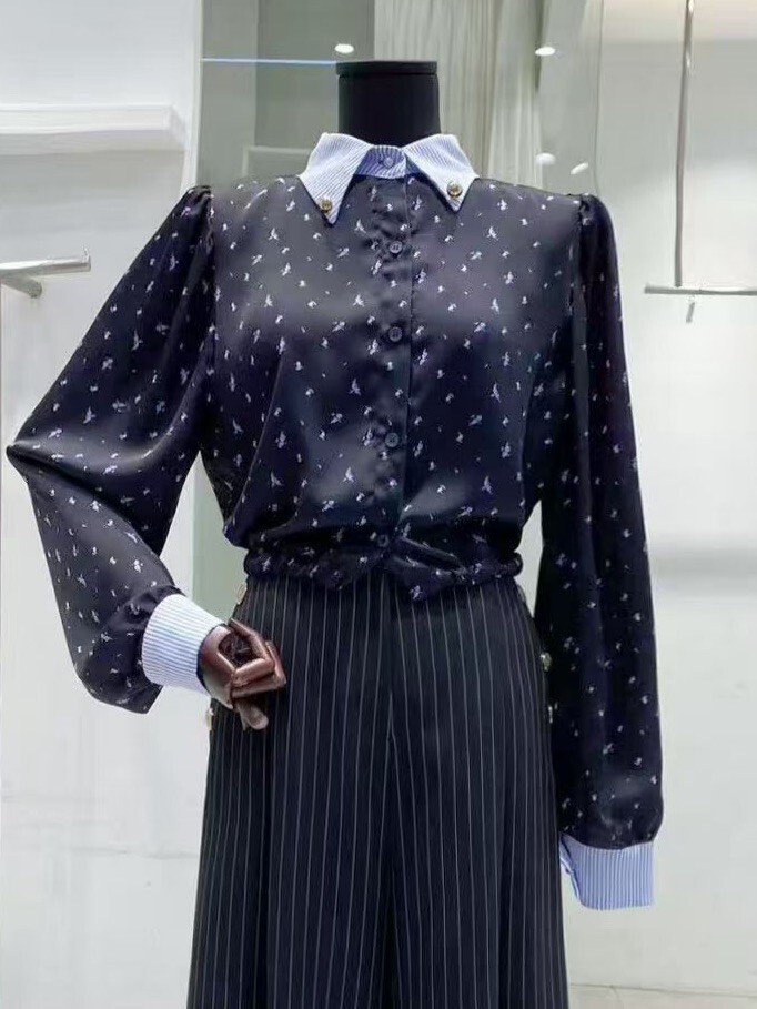 小花印圖撞色領雪紡襯