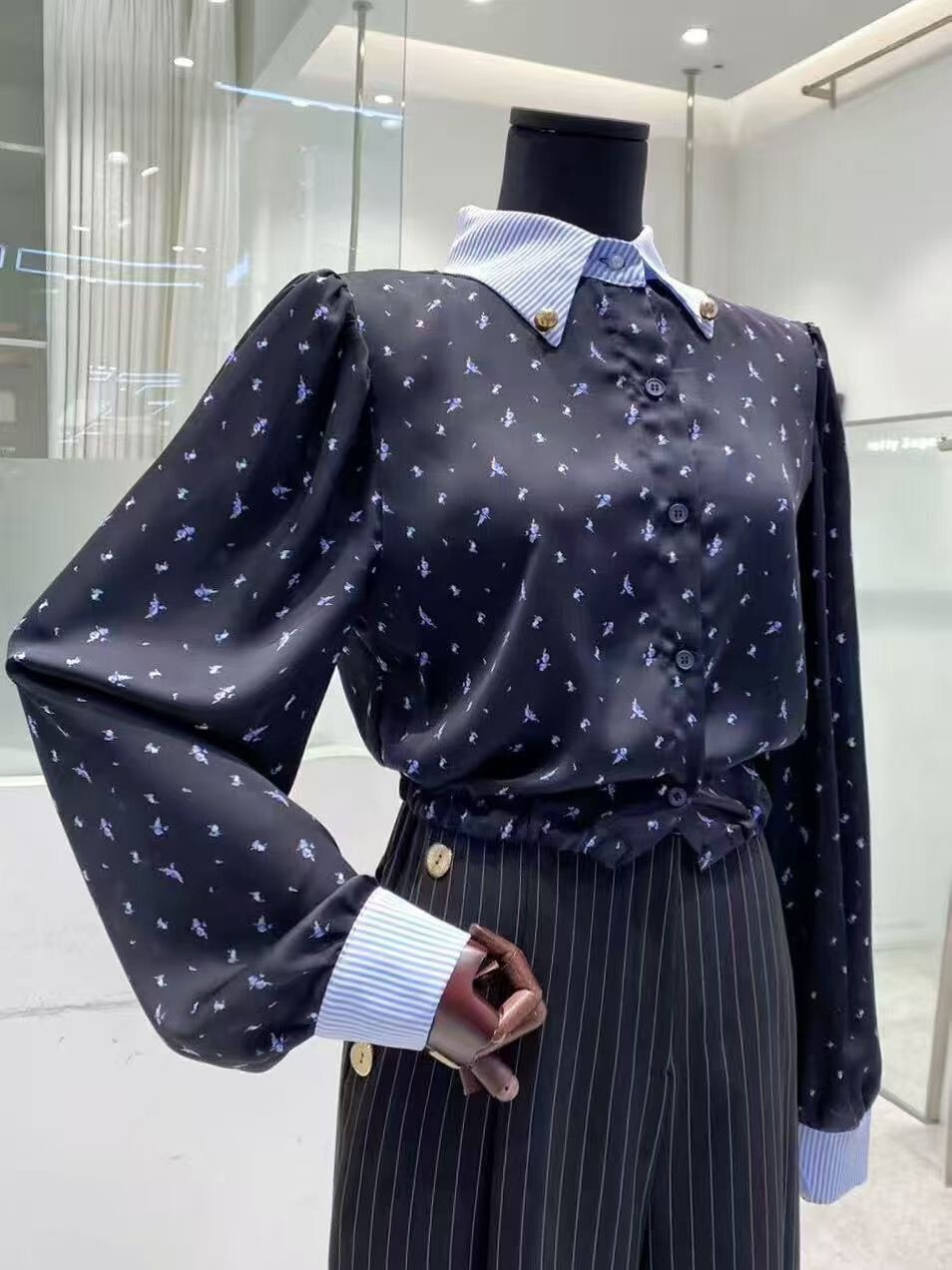 小花印圖撞色領雪紡襯