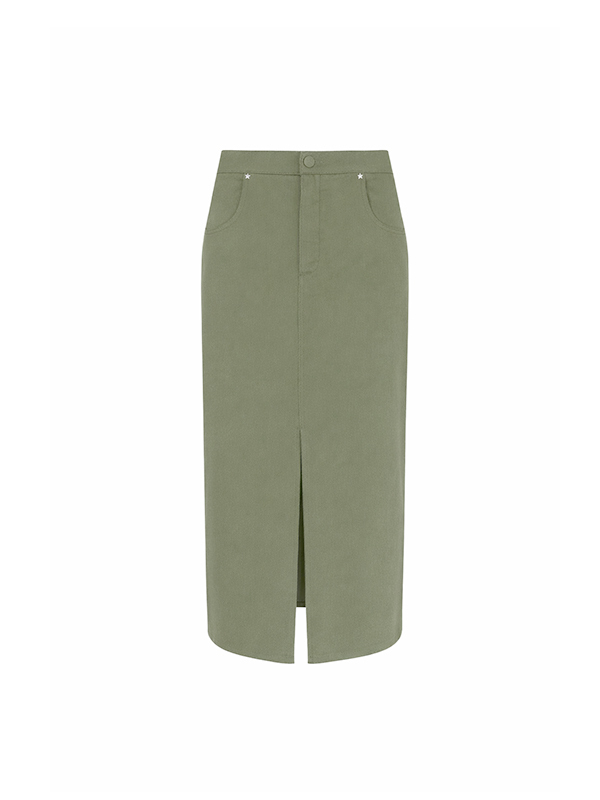 LORENA  純白丹寧開叉鉛筆裙(綠)