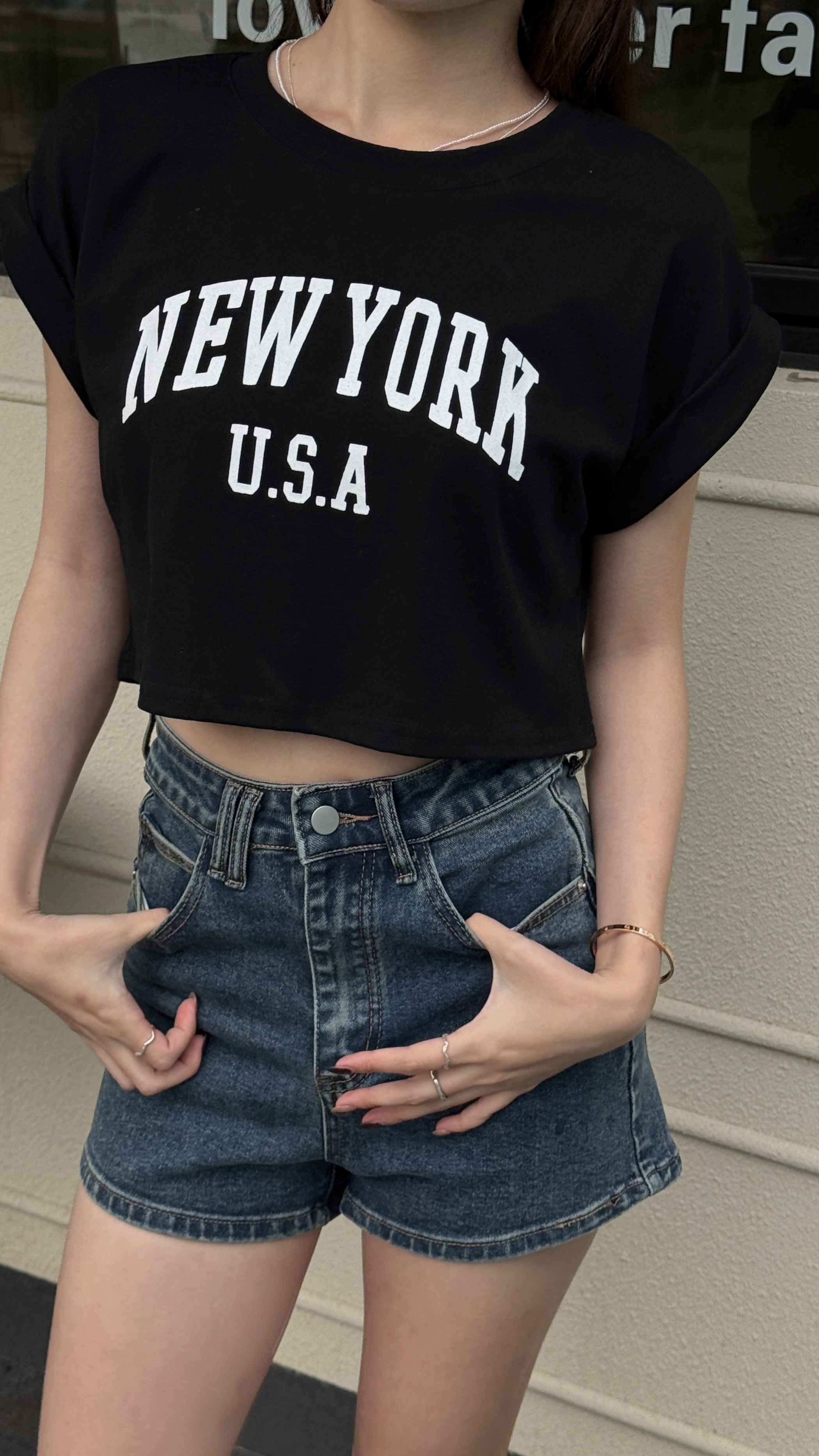 短版寬美式捲邊TEE（ 2 colors )