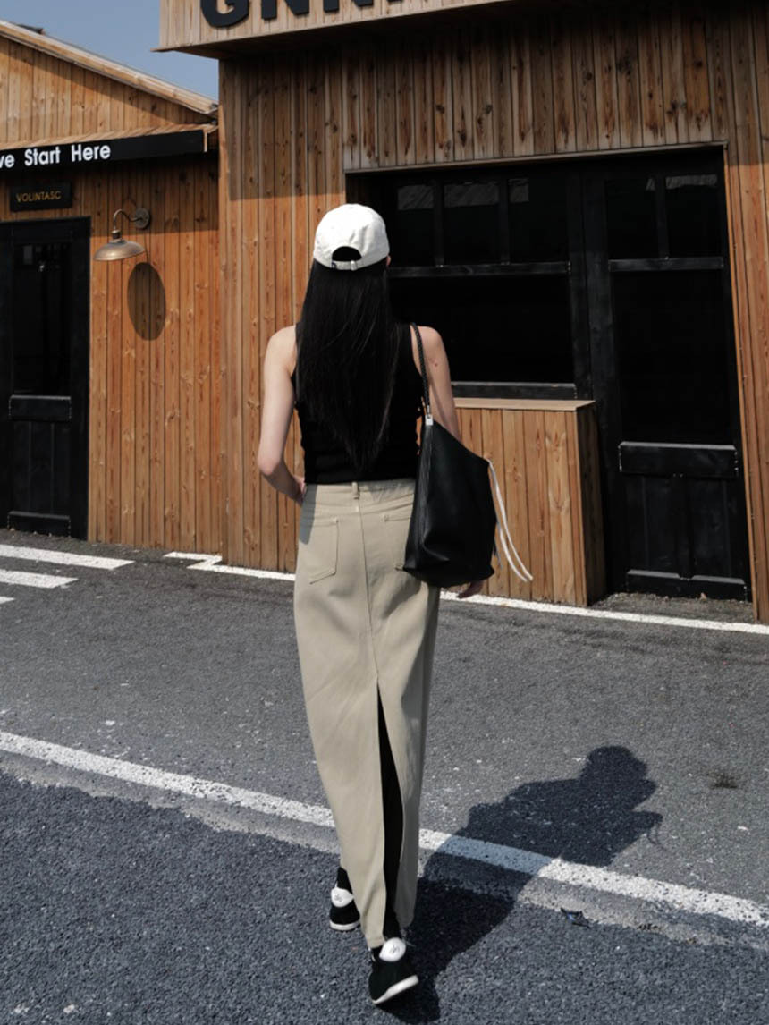 三縫線後開衩牛仔長裙*3色