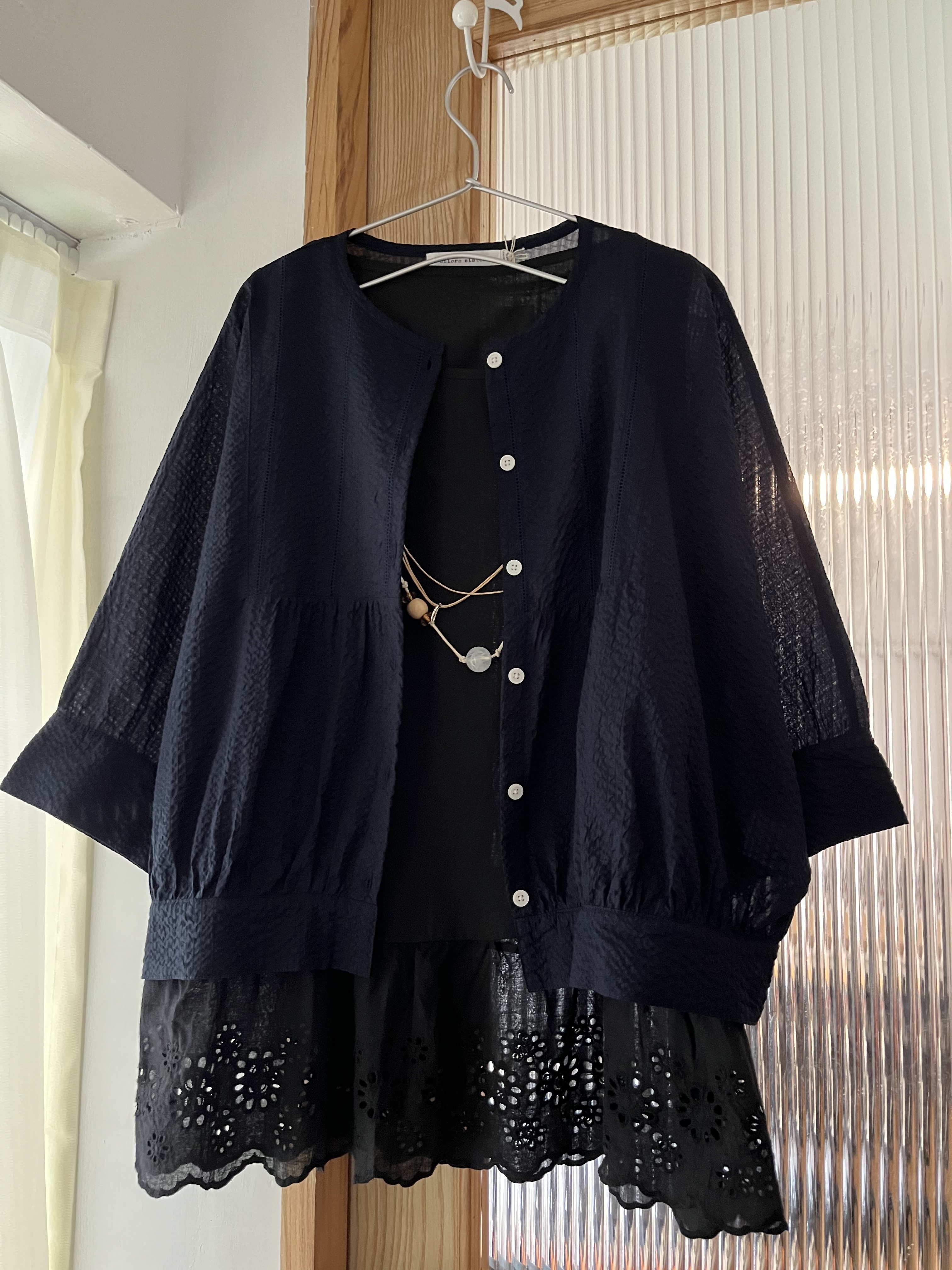 日本製藍色刺繡皺皺布外套