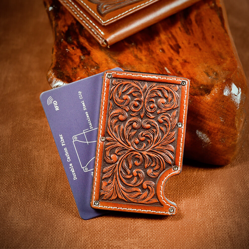 金屬唐草紋皮革卡夾 美式卡夾 皮夾 極簡錢包 RFID錢包 鈔票夾