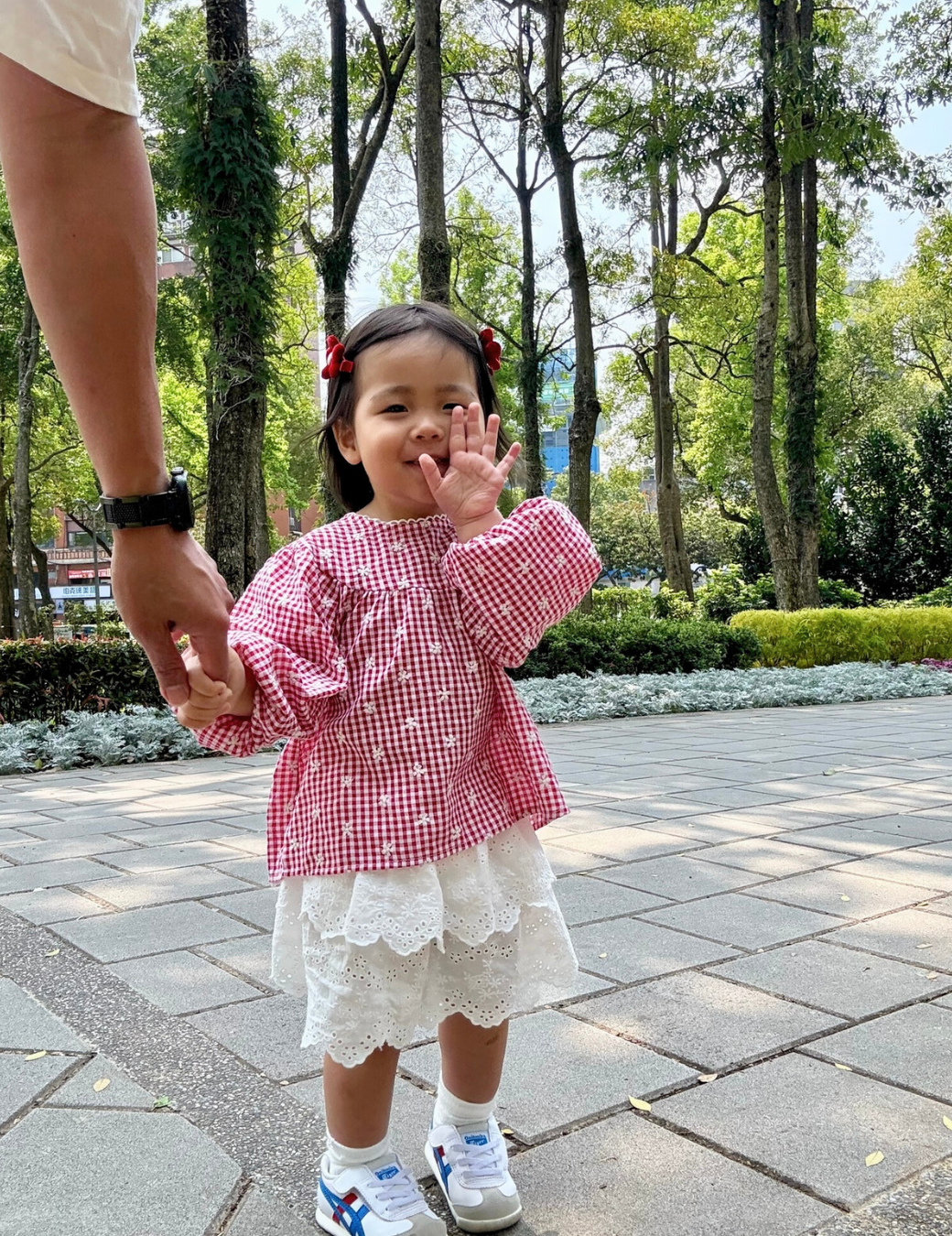 鏤空提花澎袖傘襬上衣（復古小花紅）