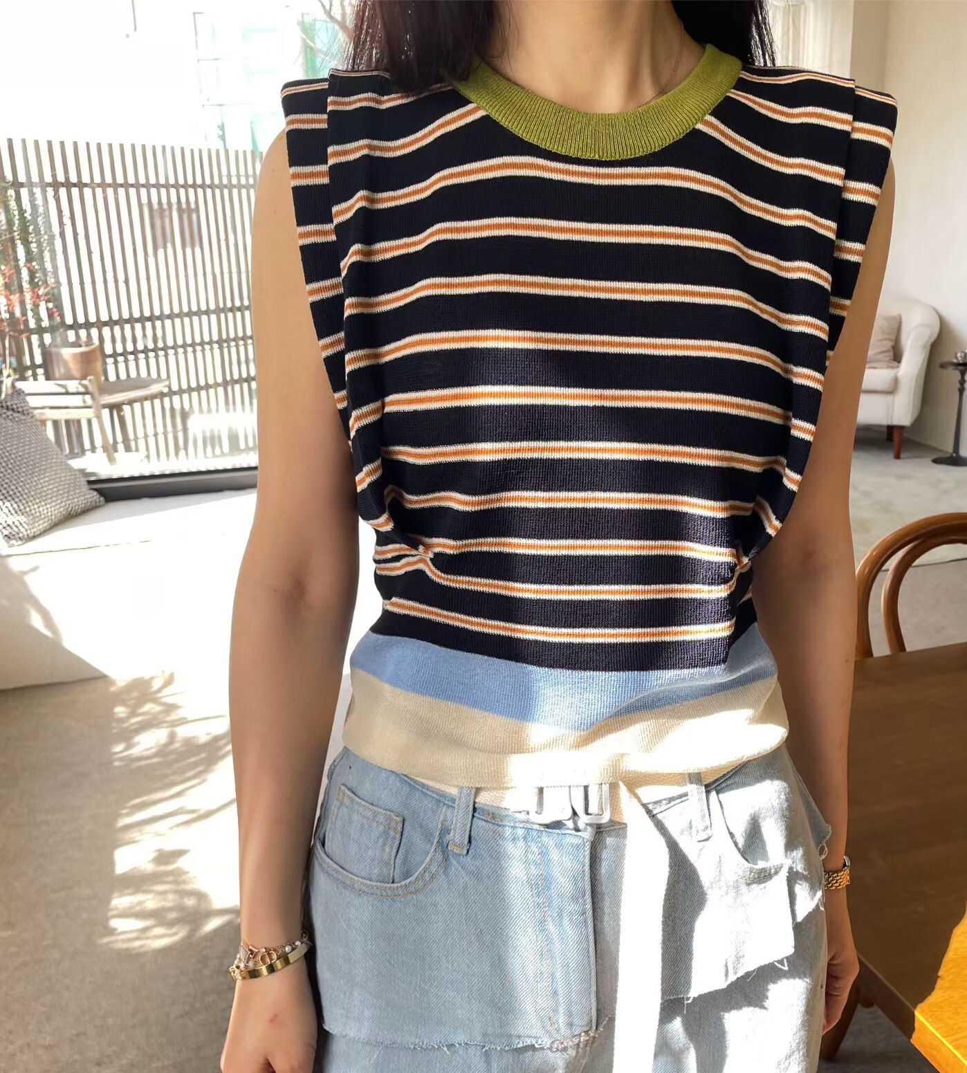 撞色收腰墊肩棉質背心