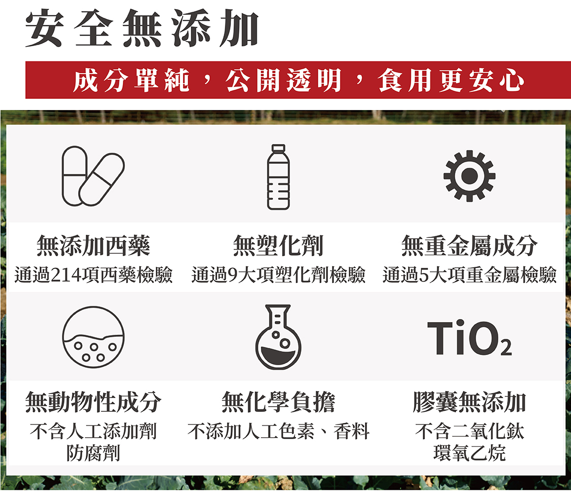 成分不含西藥、塑化劑、重金屬、動物性成分、色素香料及二氧化鈦