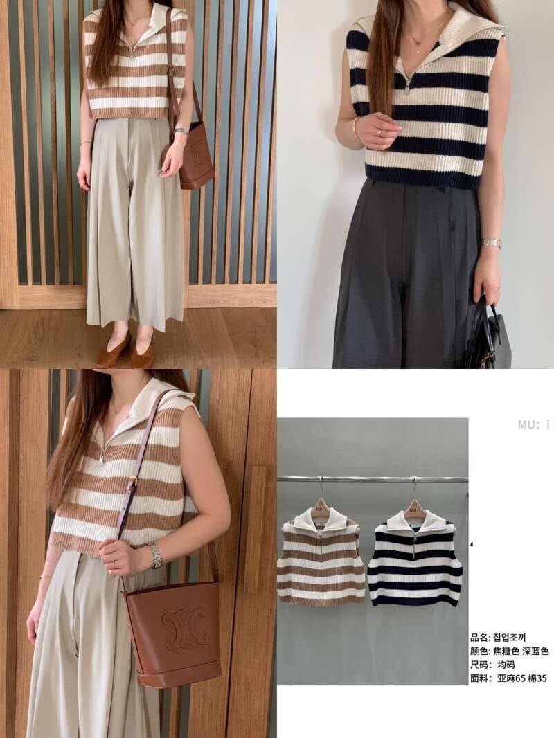 MU6032 拉鏈水手領條紋背心