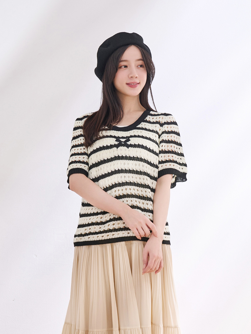 條紋簍空織紋蝴蝶結短袖針織上衣