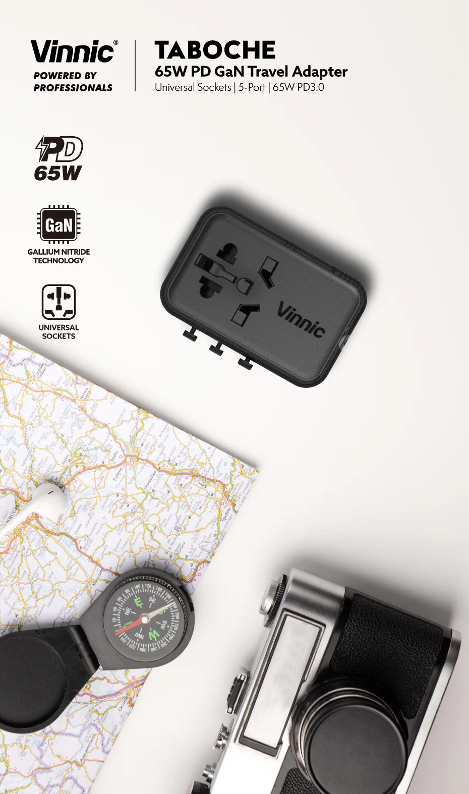 Vinnic TABOCHE 65W PD GaN Travel Adapter VPTA-GA65WBK