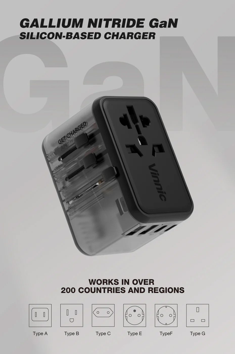 Vinnic TABOCHE 65W PD GaN Travel Adapter VPTA-GA65WBK