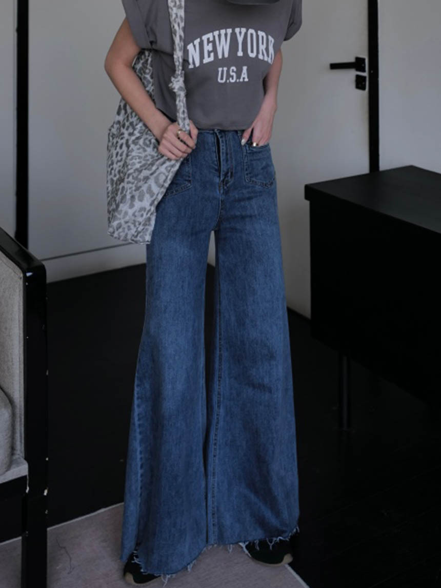 深藍雙釦雙口袋彈力牛仔寬褲-藍