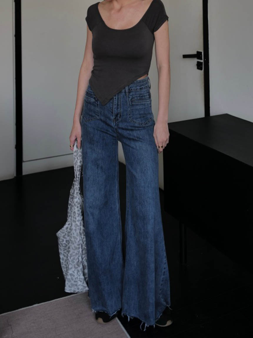 深藍雙釦雙口袋彈力牛仔寬褲-藍