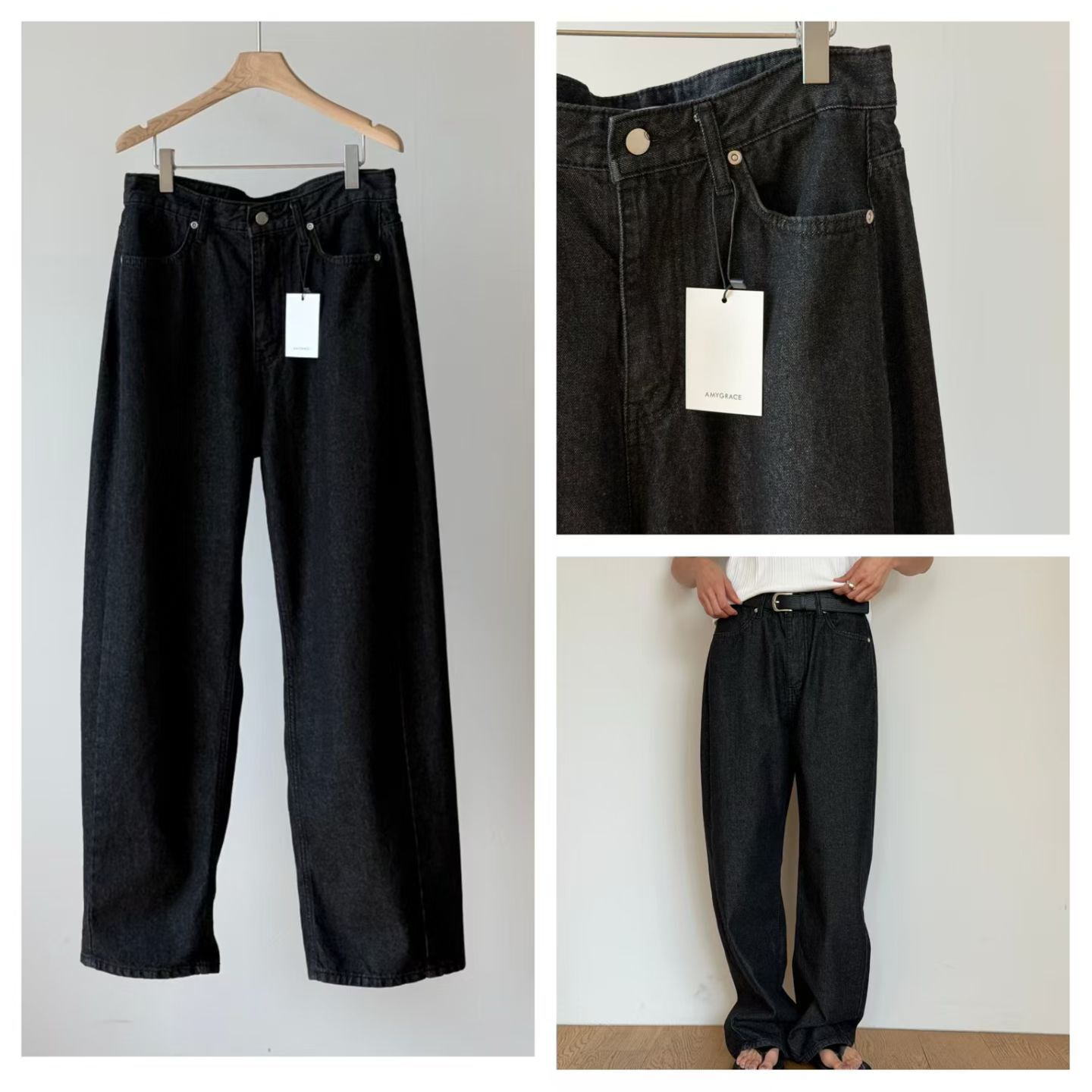 AG6003 純黑垂感寬鬆直筒牛仔褲