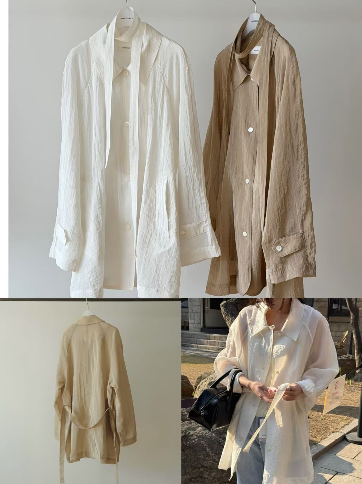 AG6007 長版腰帶樹紋皺皺襯衫