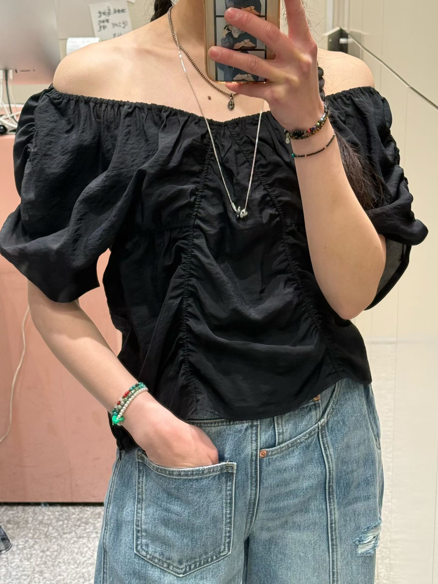 絲質雪紡抓皺V領上衣