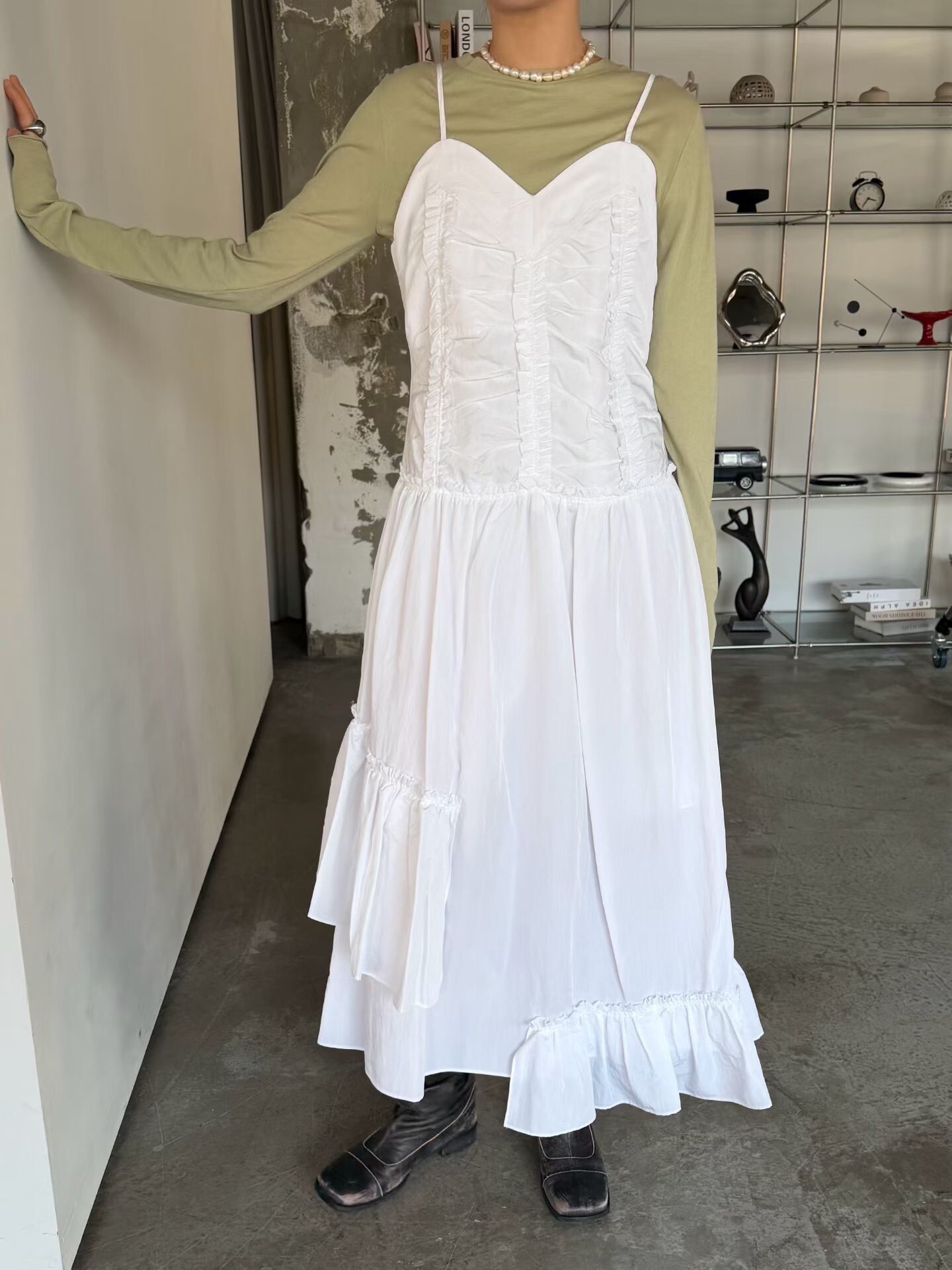 細帶抓皺斜下擺雪紡洋