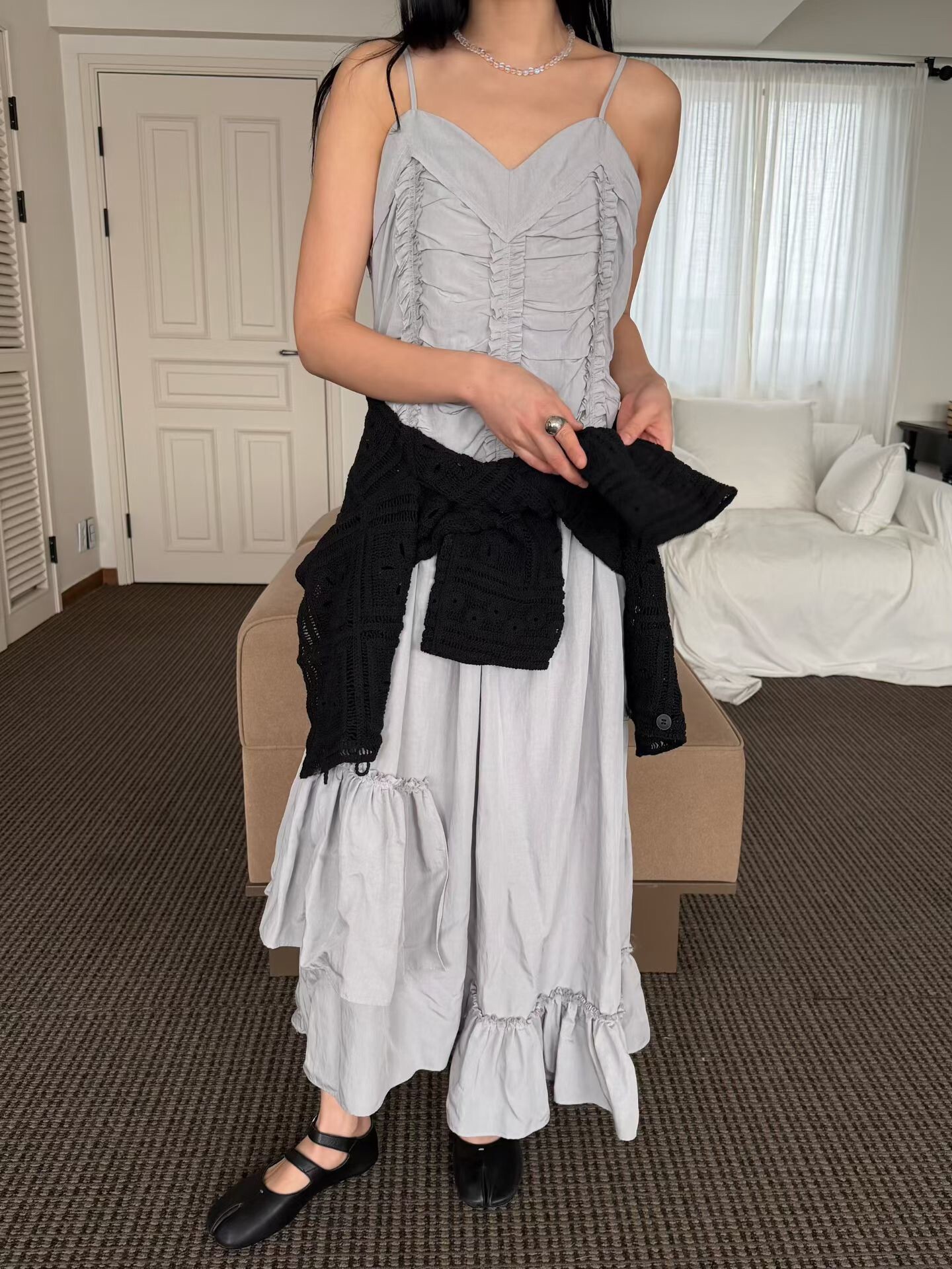 細帶抓皺斜下擺雪紡洋