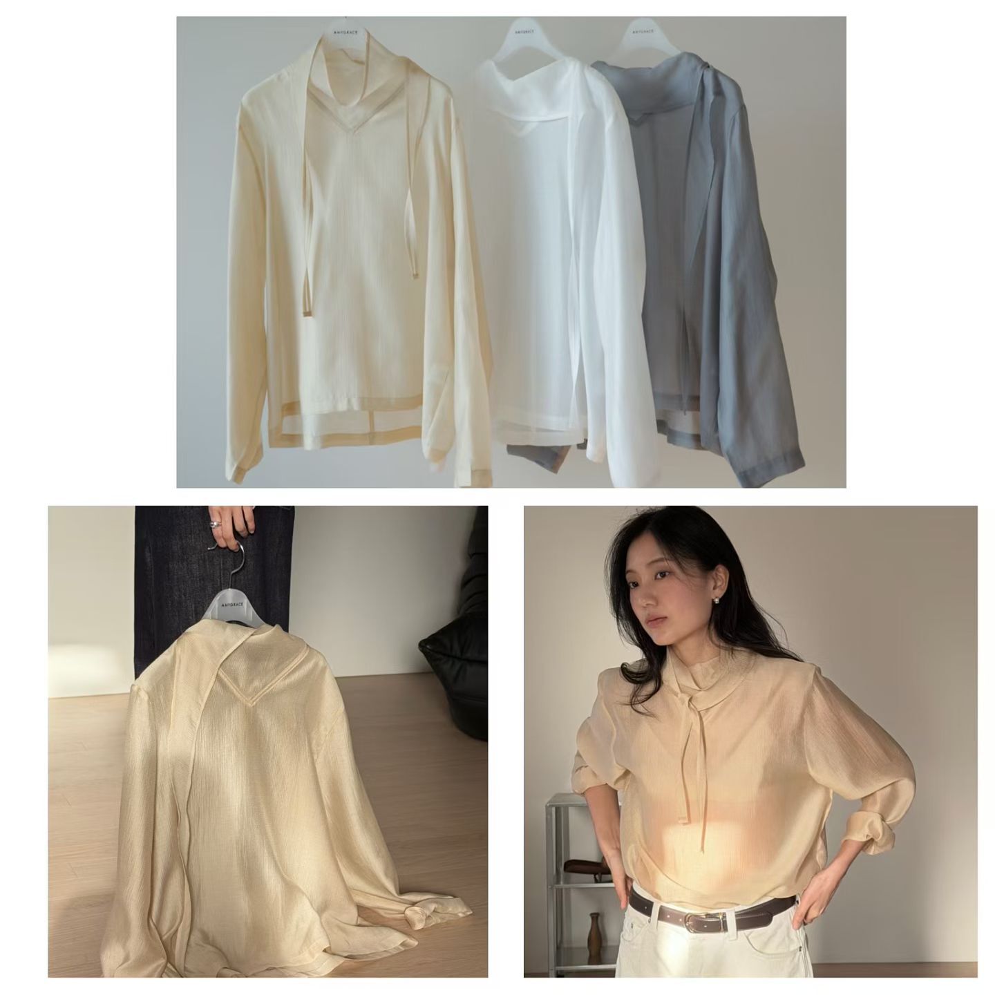 AG6014 前短後長絲質小領巾上衣